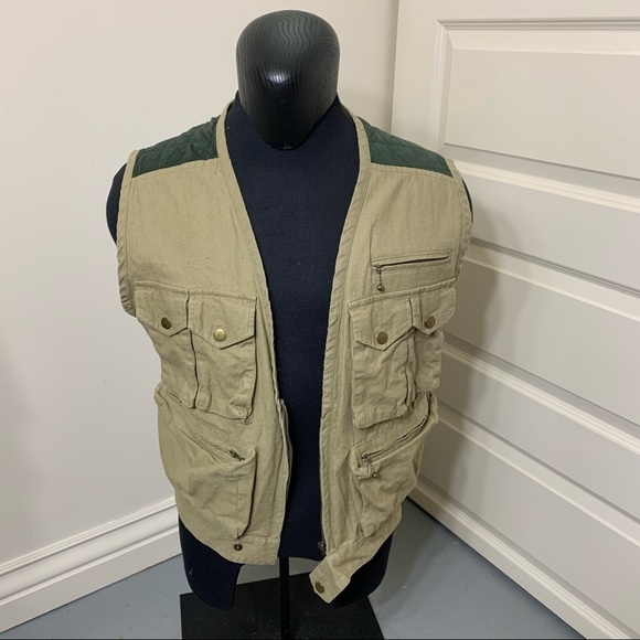 Vintage Hudson Bay Vest linen blend Quilted Tan Green Sz S/M Fishing Hiking - Picture 6 of 14